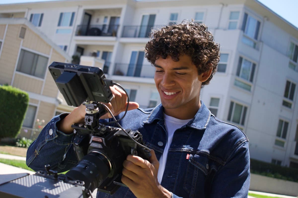 Reviewing footage on a cinema camera on location
